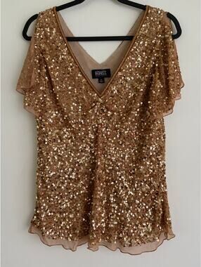 Adrianna Papell 100% Silk Top XL Gold Sequin Beaded Cold Shoulder Blouse Tunic